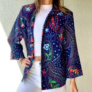 Alfred Dunner Navy Blue  Multicolor Floral Stretch Open 3/4 Sleeve Sz 14P